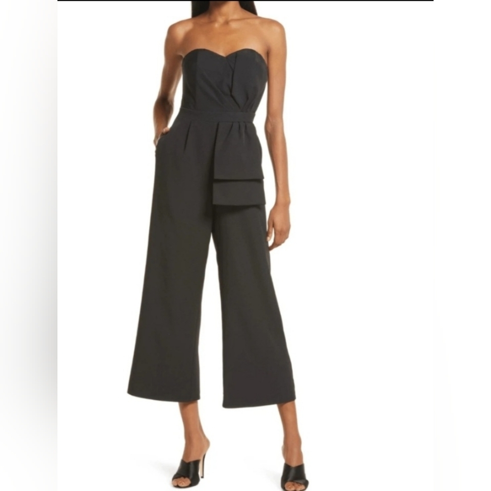 Lulus Won A Heart Bow Front Strapless Jumpsuit Black Large Party Formal NWT